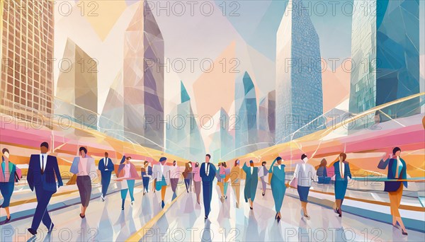 Illustration of a bustling crowd walking amongst high-rise buildings with a soft pastel palette,