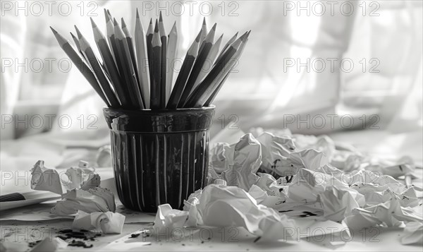 Graphite pencils arranged in a cup on a desk, surrounded by crumpled sheets of discarded white