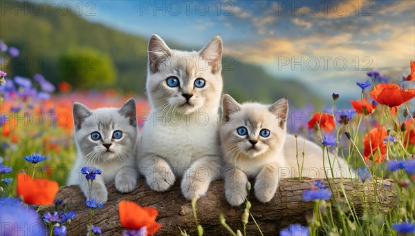 KI generated, animal, animals, mammal, mammals, cat, felidae (Felis catus), a cat and two kittens