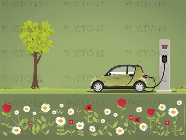 Serene scene of an electric car charging next to a tree and flower bed in a green environment,