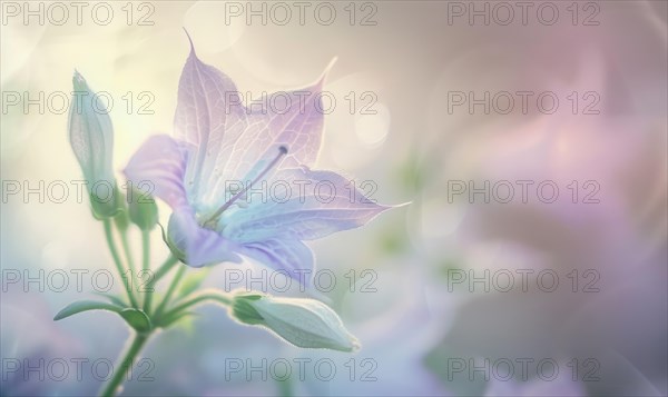 Close-up of a bellflower in soft light, closeup view, selective focus, spring background AI