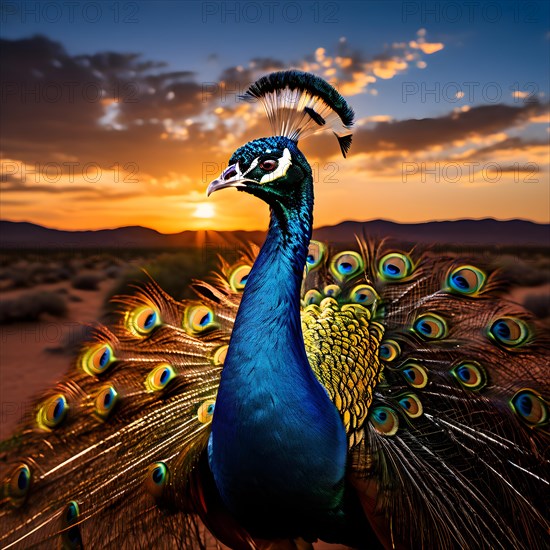 Peacock with the full display of magnificent plumage usp in each feather in the Thar desert, AI