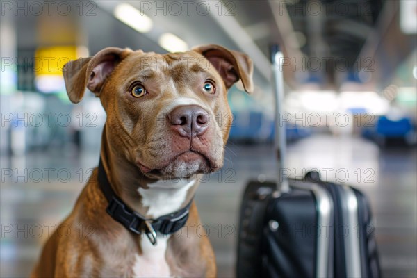 Traveling with a Pit Bull terrier. Dog with luggage in background at airport or train station. KI