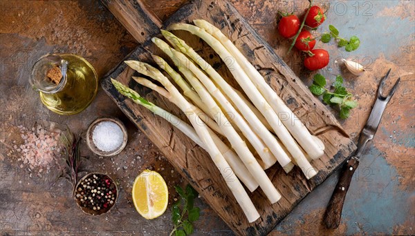 White asparagus on a rustic background with olive oil, lemon wedge and spices, fresh white