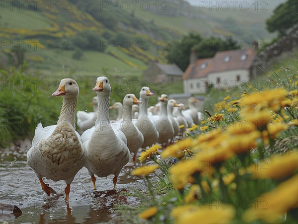Geese walking along a riverbed surrounded by yellow flowers with a village in the background, AI