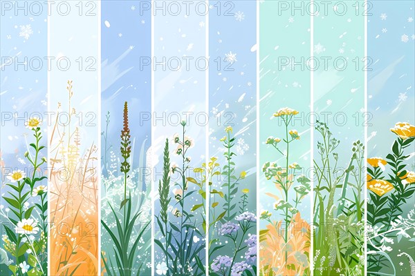 Four vertical panels representing different seasons with respective flowers and weather,