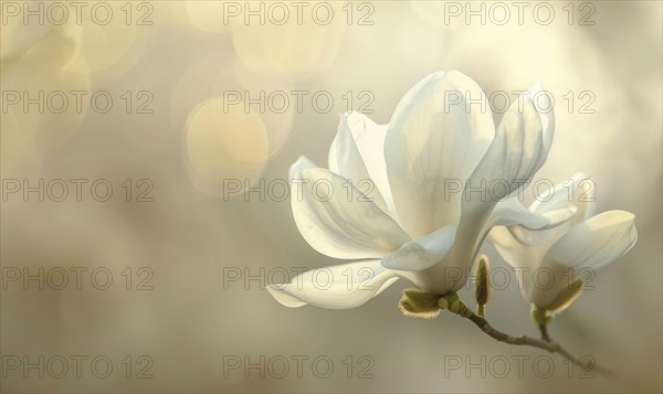 Close-up of a delicate magnolia blossom against a soft blurred background, floral background AI