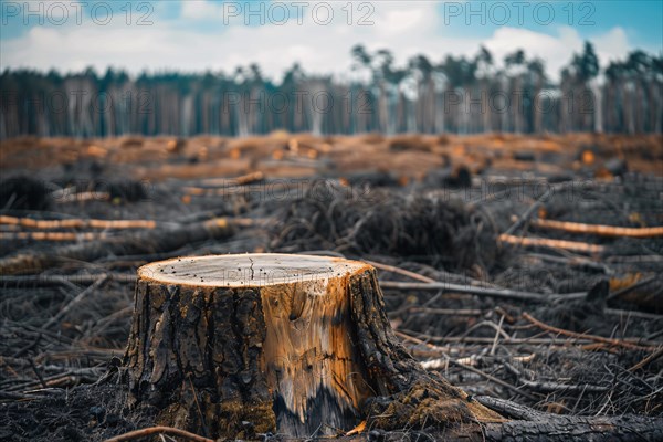 Tree stump with many felled tree in background. Deforestation concept. KI generiert, generiert, AI