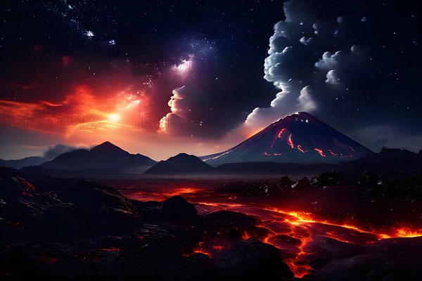 Night time drone shot of volcano mid eruption lava flows illuminating the darkness, AI generated