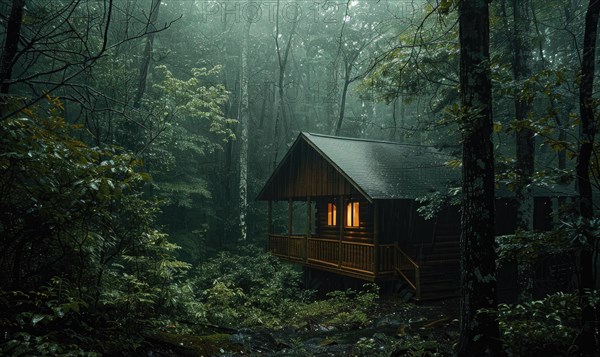 A cozy cabin nestled in a lush forest, surrounded by mist and raindrops glistening on the leaves AI