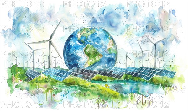 Watercolor illustration of Earth with wind turbines and solar panels, eco energy background AI