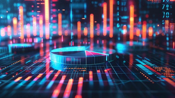 Futuristic holographic pie chart representing data analytics in a neon-lit cyber environment, ai