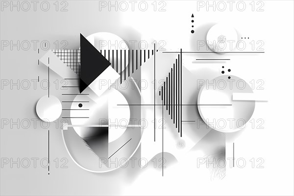 Minimalist black and white abstract composition with geometric shapes like circles and triangles,