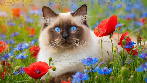 KI generated, animal, animals, mammal, mammals, cat, felidae (Felis catus), a cat lies in a meadow