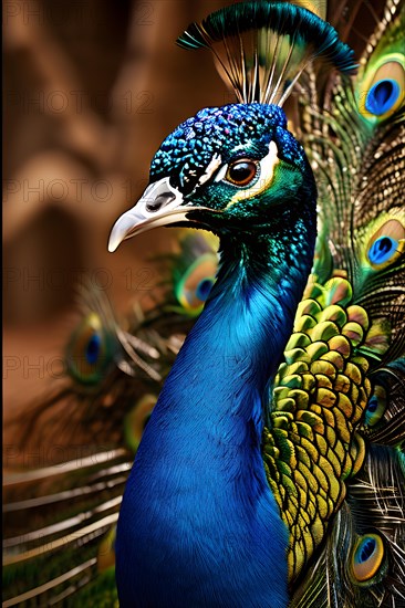 Peacock with the full display of magnificent plumage usp in each feather in the Thar desert, AI