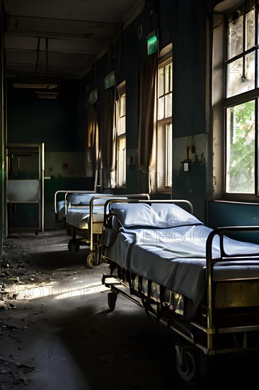 Rows of empty rusting hospital beds suspended in the melancholy, AI generated, hospital, damage,