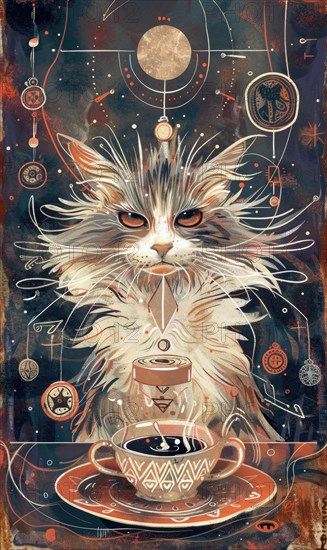A cat is sitting on a table with a cup of coffee in front of it. The cat appears to be angry and is