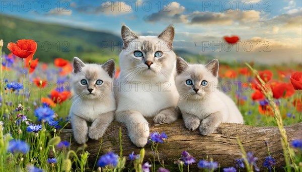 KI generated, animal, animals, mammal, mammals, cat, felidae (Felis catus), a cat and two kittens