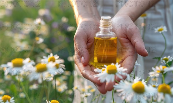 Hands holding bottle of chamomile essential oil, organic cosmetic, beauty in nature, closeup view