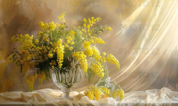 Bouquet of blooming Mimosa branches in glass vase AI generated