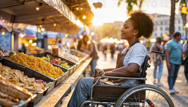 A woman in a wheelchair shops independently at an outdoor market bathed in sunset light, AI