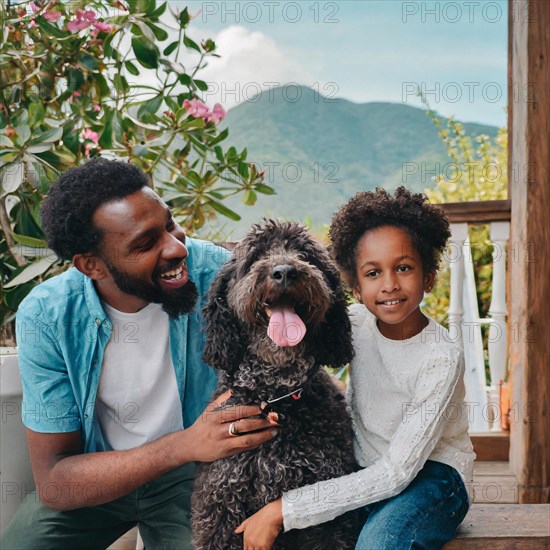 A man and a little girl are posing with a dog. The dog is wagging its tail and the girl is smiling.