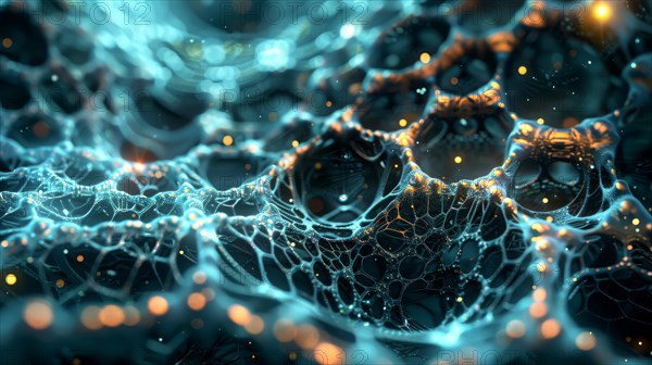 Futuristic blue neon network with glowing particles and dynamic connections, ai generated, AI