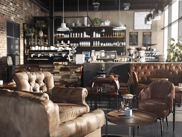 Spacious coffee shop with comfy leather furniture, wooden accents, and industrial lighting creating