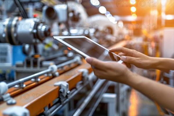 Hands holding smart industry control tablet with blurry machine in background. KI generiert,