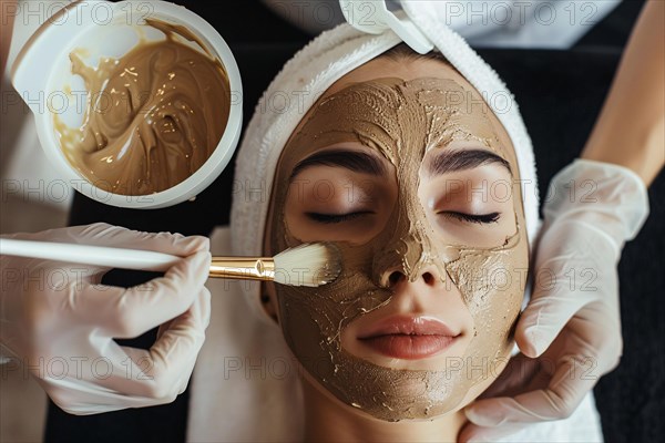Cosmetician applying brown beauty skin care face mask on woman's face. KI generiert, generiert, AI