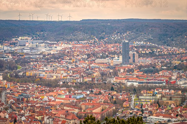City centre of Jena with the Jentower in the centre and the Kernberge in the background, Jena,