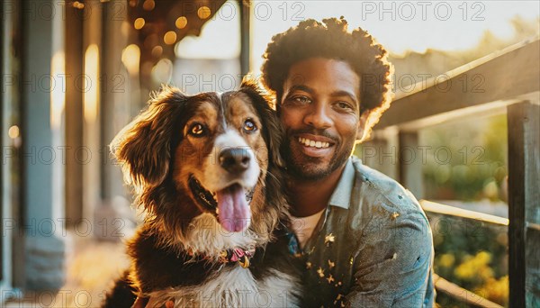 A man and his dog are smiling for the camera. The man is wearing casual the dog is wearing a collar
