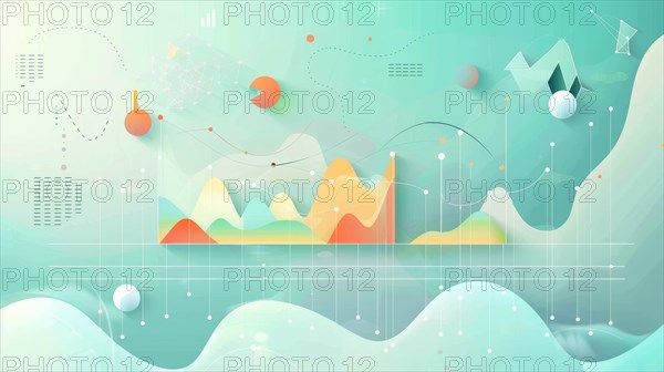 Playful data visualization with mountain graph and balloons in soft pastel colors on a light