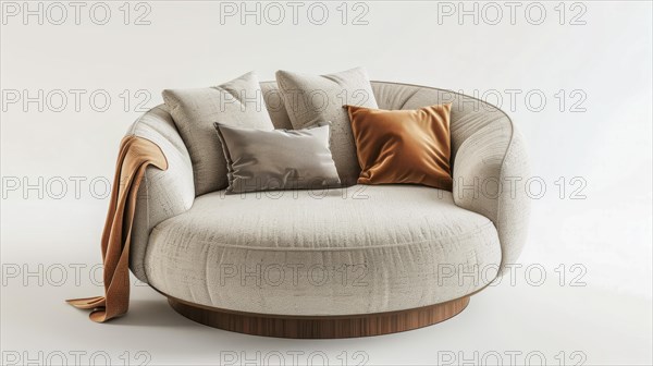 Round chair with textured fabric and throw pillows against a neutral background, ai generated, AI