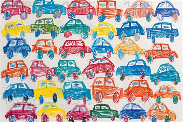 Cars standing in a traffic jam, drawing with coloured pencils by a child of preschool age, primary