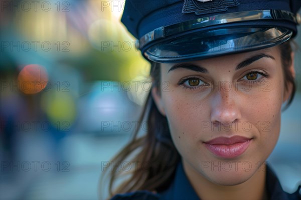 Close up of face of young police woman. KI generiert, generiert, AI generated