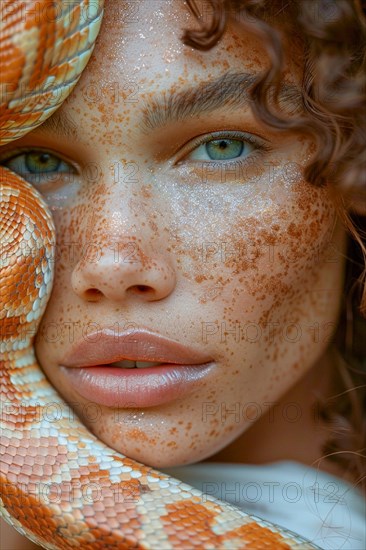 Close-up of a woman with freckled skin and blue eyes next to a snake, blurry teal turquoise solid