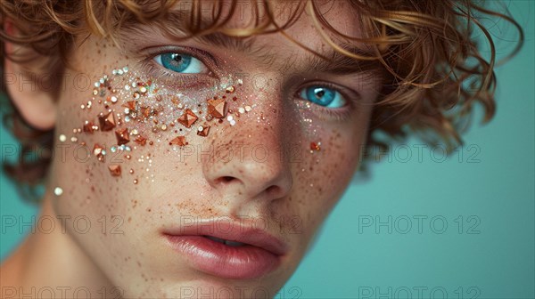 Blue-eyed male with freckles and sparkling crystals on his face, blurry teal turquoise solid