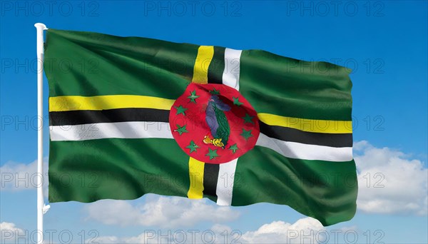 The flag of Dominica, Lesser Antilles, Caribbean, fluttering in the wind, isolated, against the