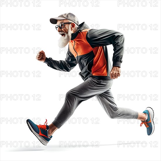 Elderly man in motion, jogging happily in orange and grey sportswear, running, starting,
