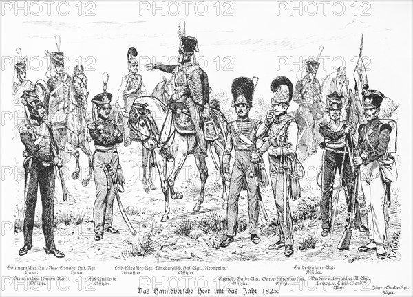 Historical illustration of uniforms around 1825, soldiers and officers with flags, weapons and