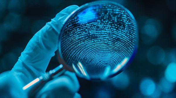 Crime scene with investigator wearing surgical glove viewing A fingerprint through the glass of a