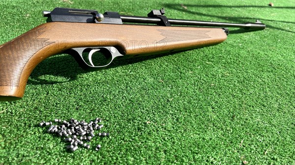 Detail of a shotgun and buckshot on a green background. Illegal hunting is quite common and is