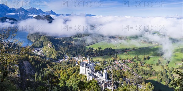 Neuschwanstein Castle and the Alpsee, near Hohenschwangau, Romantic Road, Ostallgaeu, Bavaria,