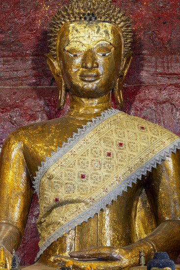 Golden Buddha statue, Bhumispara-mudra, Buddha Gautama at the moment of enlightenment, Wat Long