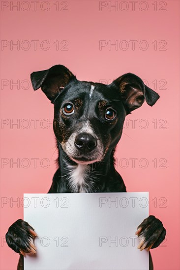 Dog holding empty white sign in front of pink studio background. KI generiert, generiert, AI