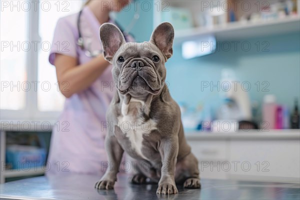 Bulldog dog at vet. Sitting on examination table at veterinary practice clinic. KI generiert,