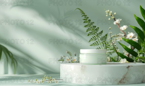 Aloe vera gel product promotion featuring a blank jar mockup showcased on a marble produce podium