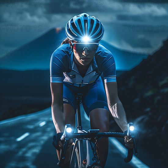 Cyclist riding at night on a winding mountain road, surrounded by the gentle contours of the