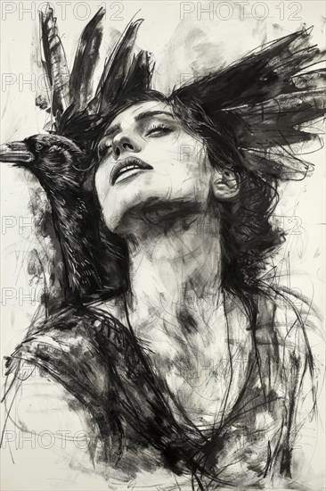 A stylised drawing of a woman in symbiosis with a crow, dramatic in black and white, raven woman,
